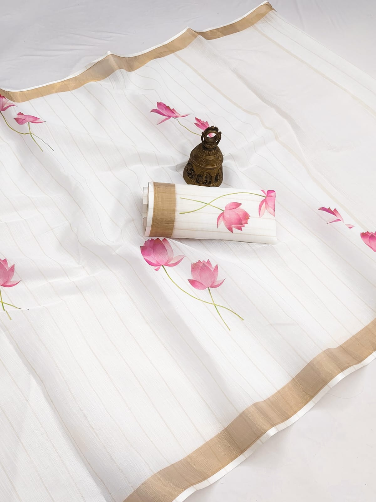 Linen Saree with Gold Zari Border | White Linen Saree with Digital Pink Lotus Print | Saree with Matching Printed Blouse Piece