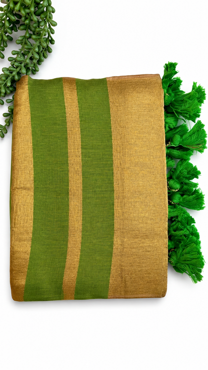 Green Raga Tissue Saree with Golden Zari Border & Tassel Pallu