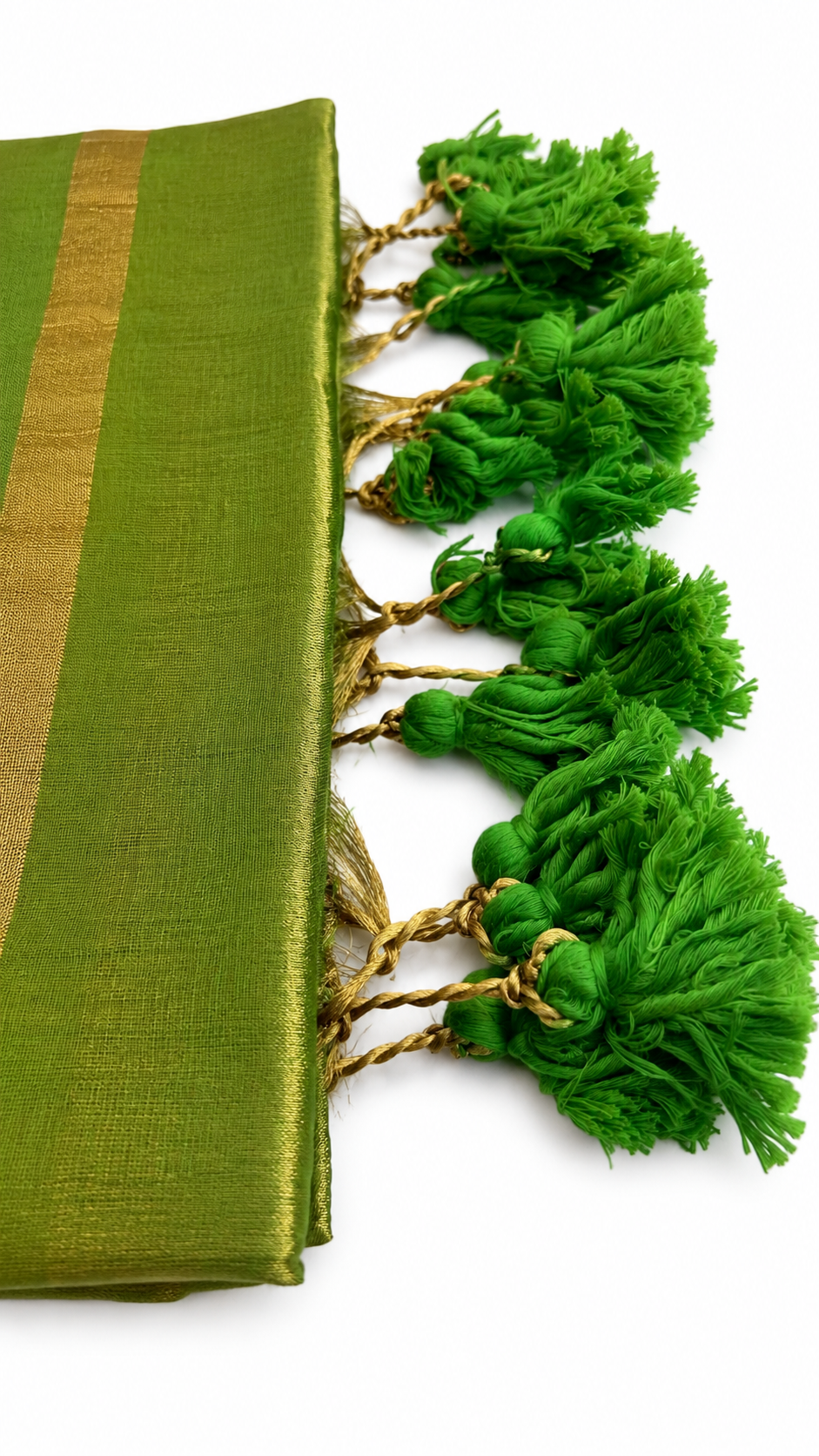 Green Raga Tissue Saree with Golden Zari Border & Tassel Pallu