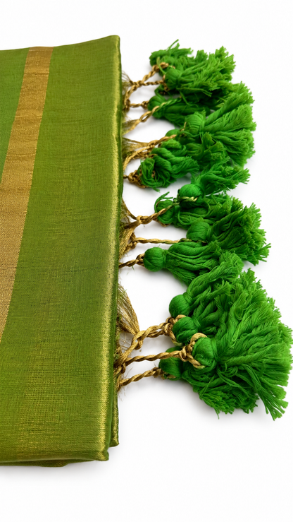 Green Raga Tissue Saree with Golden Zari Border & Tassel Pallu