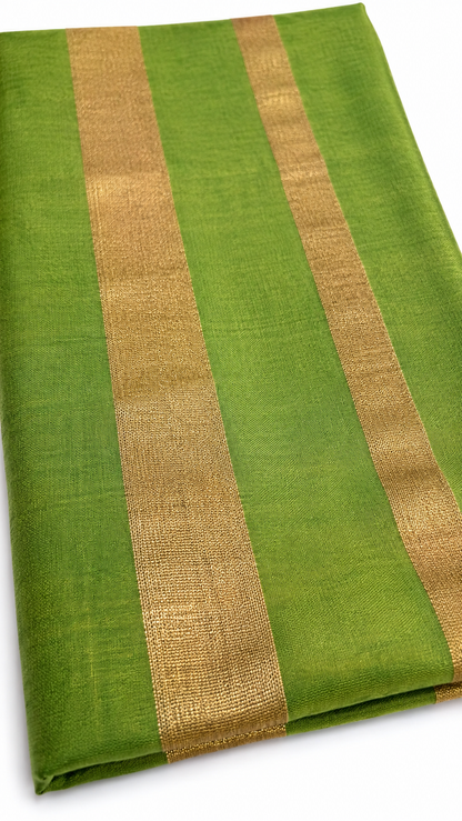 Green Raga Tissue Saree with Golden Zari Border & Tassel Pallu