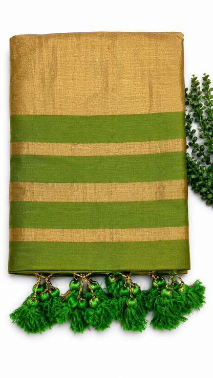 Green Raga Tissue Saree with Golden Zari Border & Tassel Pallu