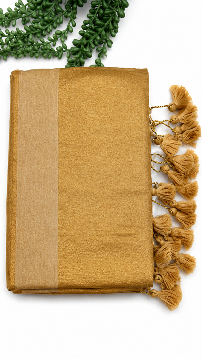 Golden Raga Tissue Saree with Striped Zari Border & Tassel Pallu