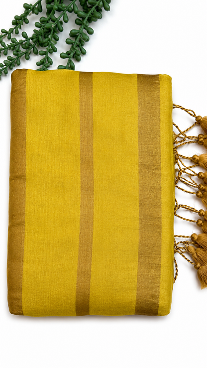 Mustard Yellow Raga Tissue Saree with Golden Striped Border & Tassel Pallu