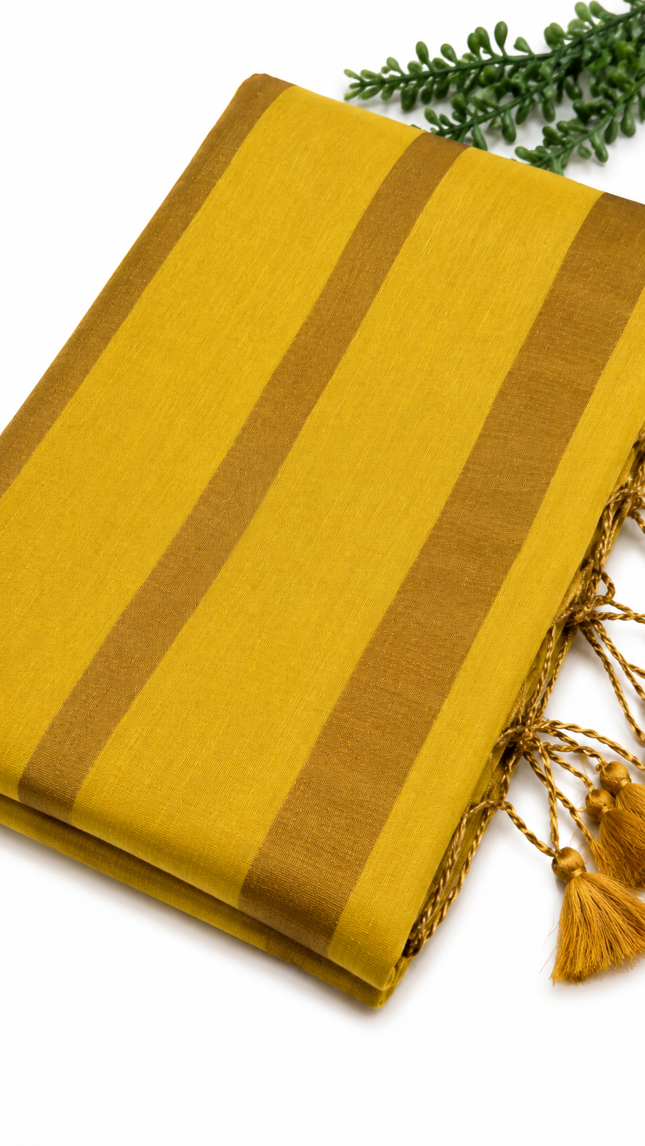 Mustard Yellow Raga Tissue Saree with Golden Striped Border & Tassel Pallu