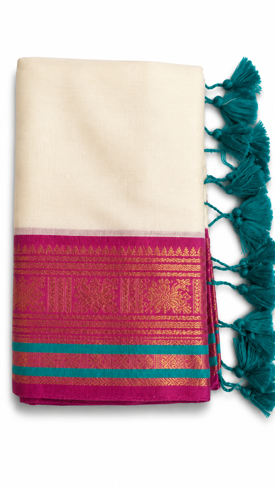 Mul Cotton Saree with Magenta Kasavu Border & Teal Green Tassel Pallu