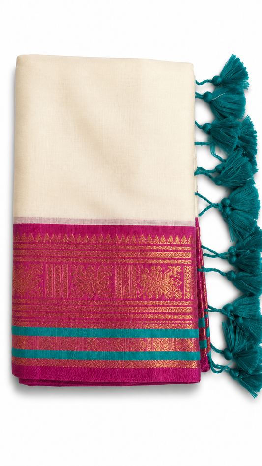 Mul Cotton Saree with Magenta Kasavu Border & Teal Green Tassel Pallu
