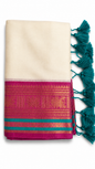 Mul Cotton Saree with Magenta Kasavu Border & Teal Green Tassel Pallu