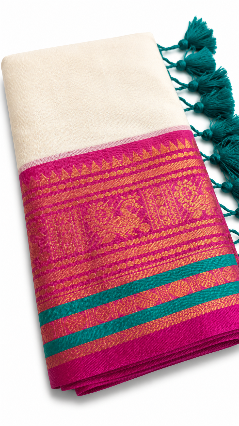 Mul Cotton Saree with Magenta Kasavu Border & Teal Green Tassel Pallu