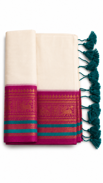Mul Cotton Saree with Magenta Kasavu Border & Teal Green Tassel Pallu
