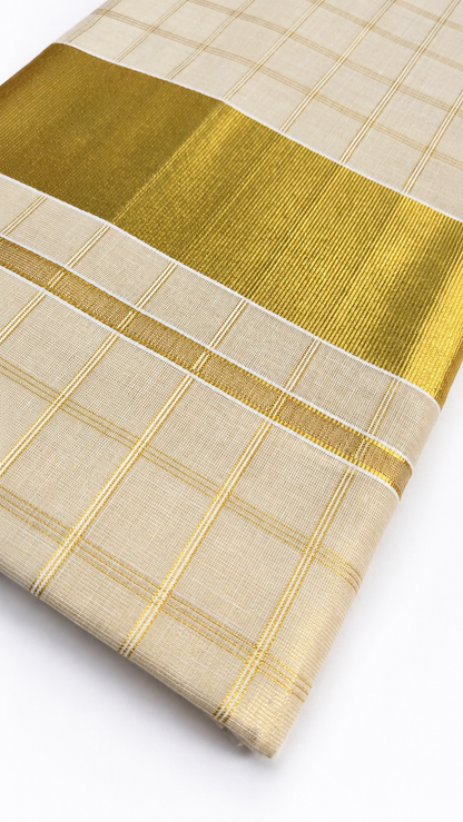 Premium Tissue Silk Saree with Gold Checked Weave & Wide Zari Border | Kerala Style Festive Wear