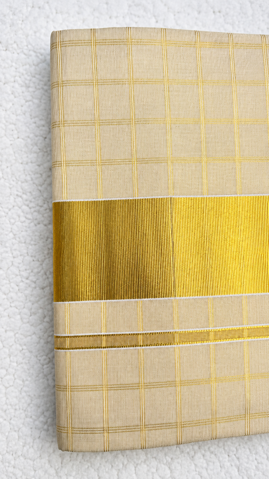 Premium Tissue Silk Saree with Gold Checked Weave & Wide Zari Border | Kerala Style Festive Wear