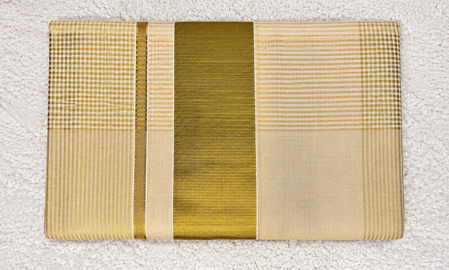 Tissue Silk Saree with Checked Weave, Striped Panels & Wide Gold Border