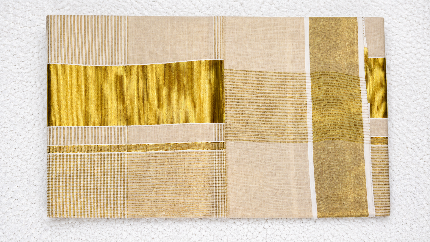 Tissue Silk Saree with Checked Weave, Striped Panels & Wide Gold Border