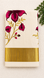 Cotton Saree with Magenta Floral Embroidery & Gold Border | Kerala Style Festive Wear