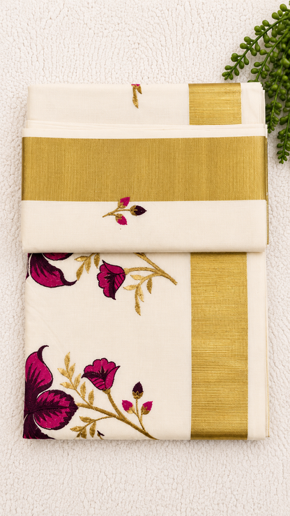 Cotton Saree with Magenta Floral Embroidery & Gold Border | Kerala Style Festive Wear