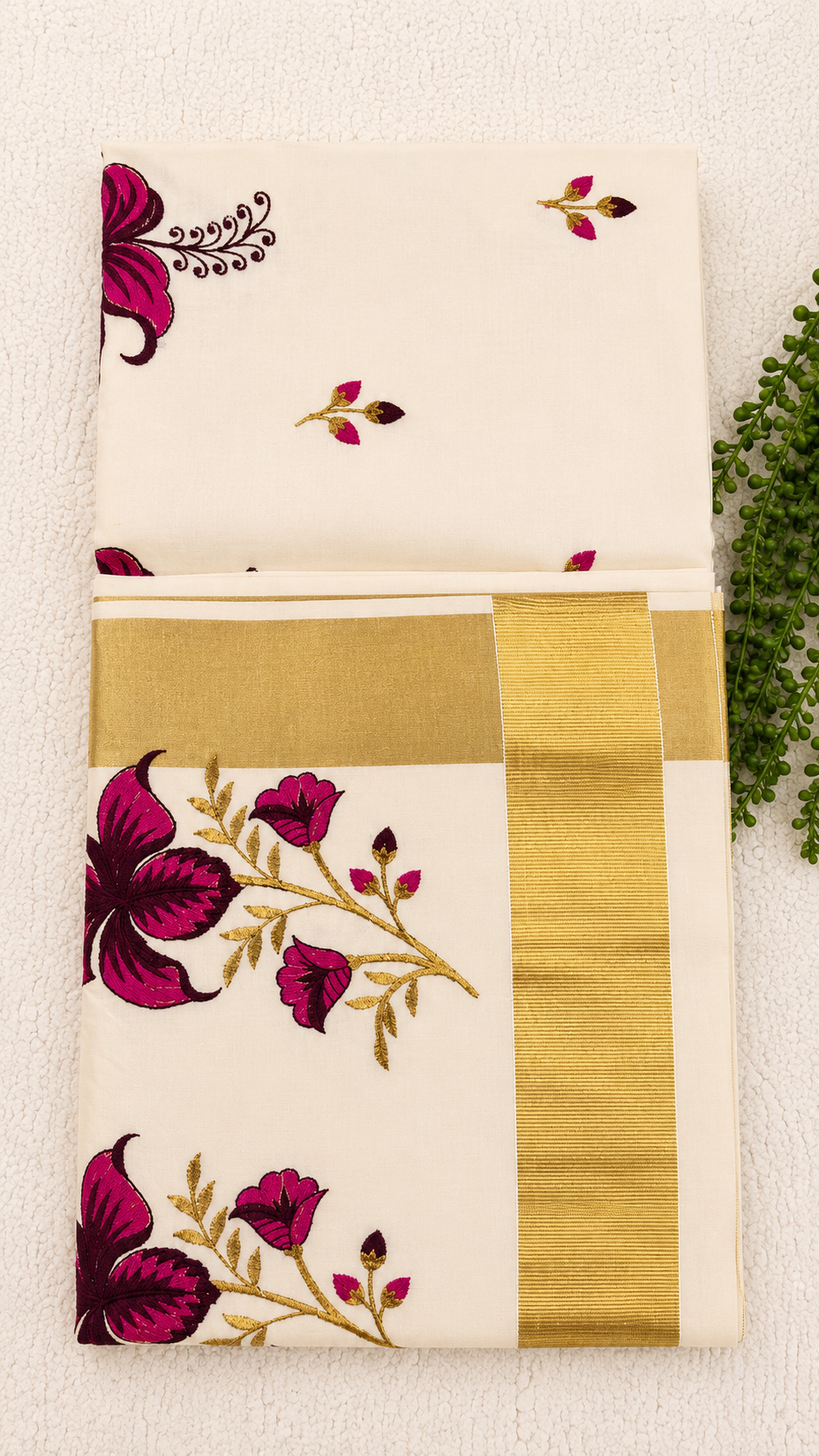 Cotton Saree with Magenta Floral Embroidery & Gold Border | Kerala Style Festive Wear