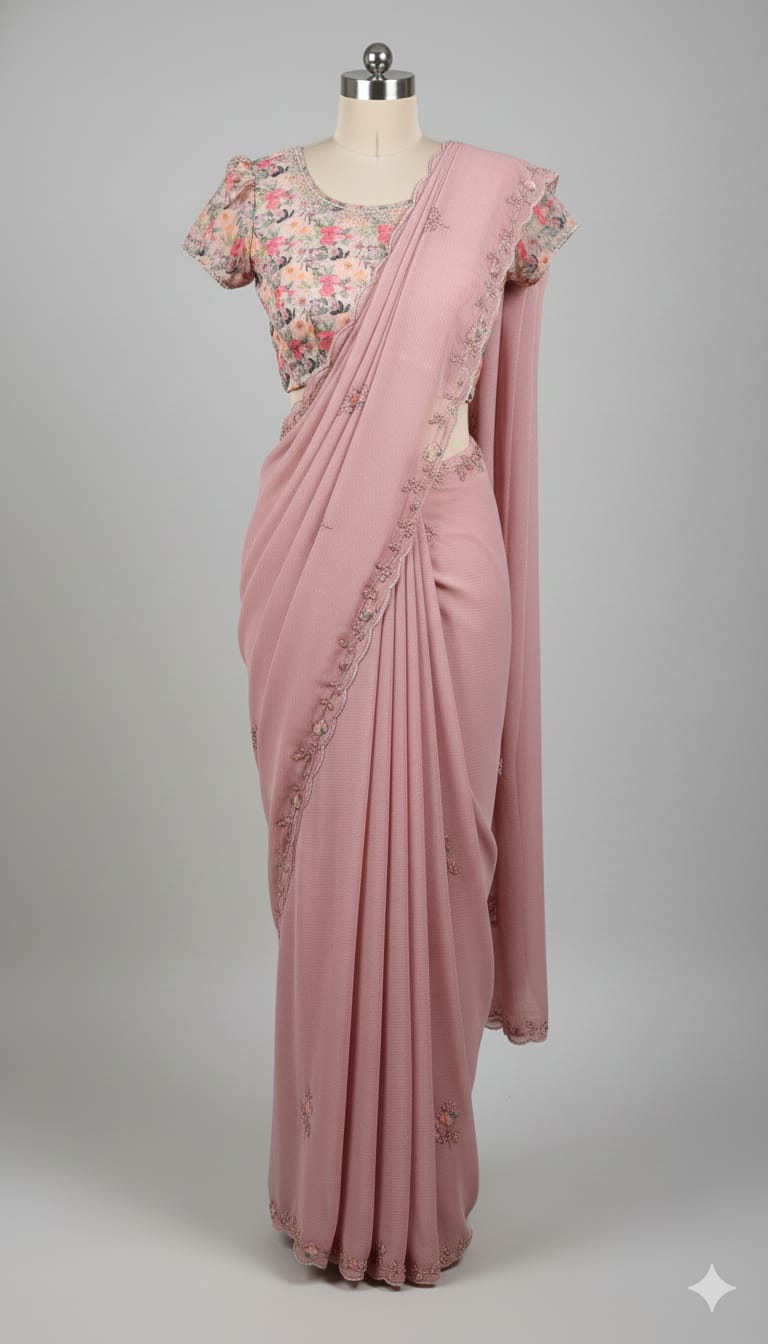 Pastel pink embroidered saree with floral bead border laid flat on white quilted surface.