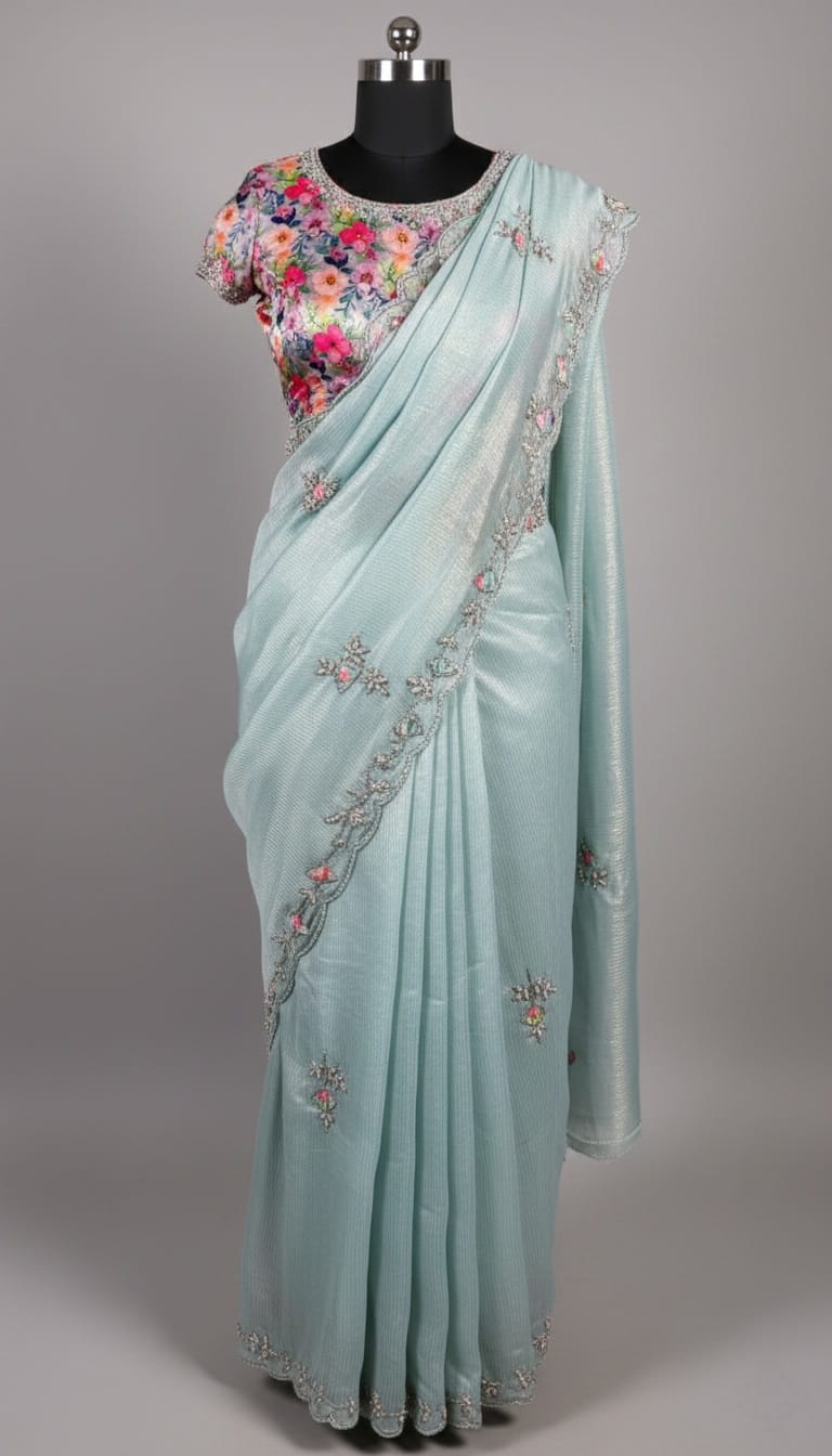 Designer Mint Blue Pure Simmer Fabric Saree Set with Floral Embroidery