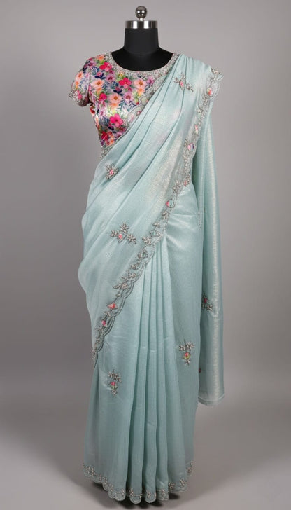 Designer Mint Blue Pure Simmer Fabric Saree Set with Floral Embroidery