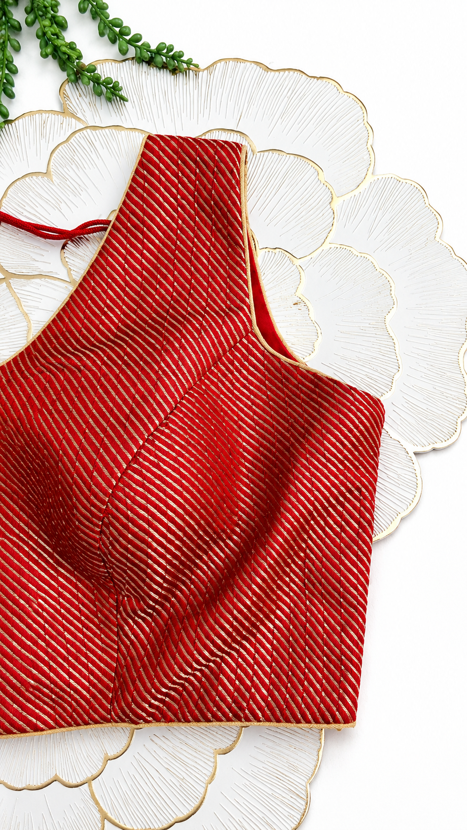 Red Sleeveless Saree Blouse with Diagonal Zari Stripes | Free Size (32-42, Alterable)