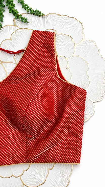 Red Sleeveless Saree Blouse with Diagonal Zari Stripes | Free Size (32-42, Alterable)