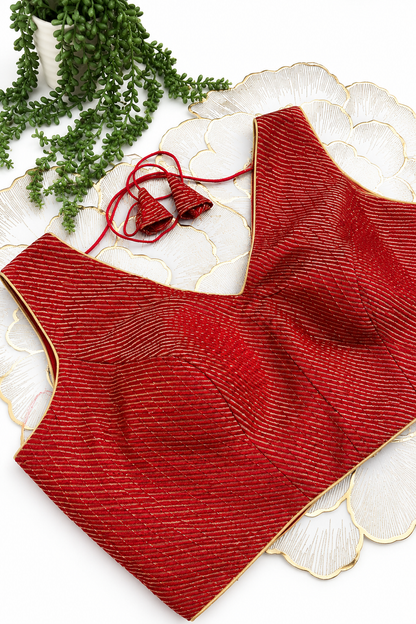 Red Sleeveless Saree Blouse with Diagonal Zari Stripes | Free Size (32-42, Alterable)