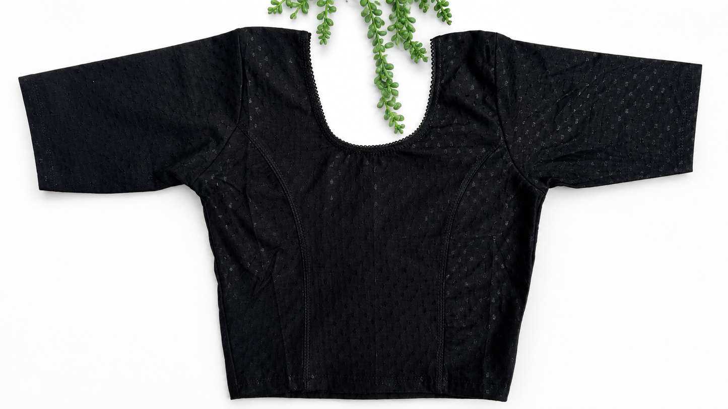 Black Stretchable Saree Blouse with Dobby Weave & Elbow Sleeves | Ready-to-Wear