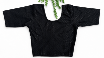 Black Stretchable Saree Blouse with Dobby Weave & Elbow Sleeves | Ready-to-Wear