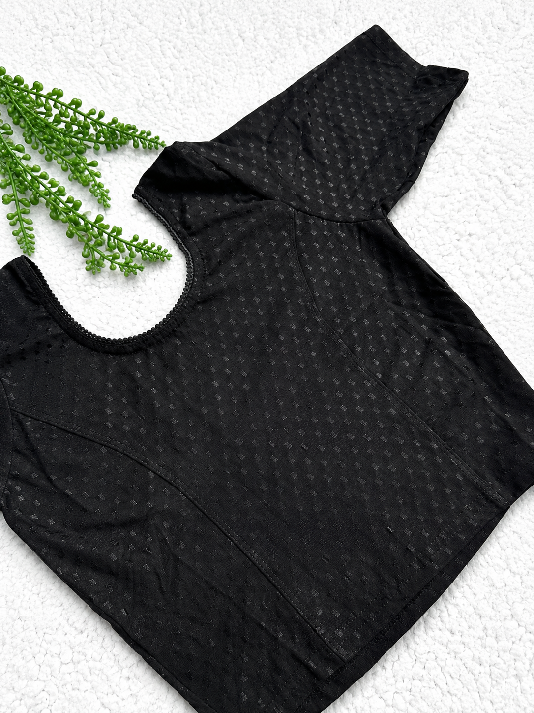 Black Stretchable Saree Blouse with Dobby Weave & Elbow Sleeves | Ready-to-Wear