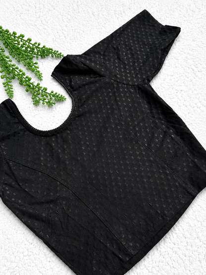 Black Stretchable Saree Blouse with Dobby Weave & Elbow Sleeves | Ready-to-Wear