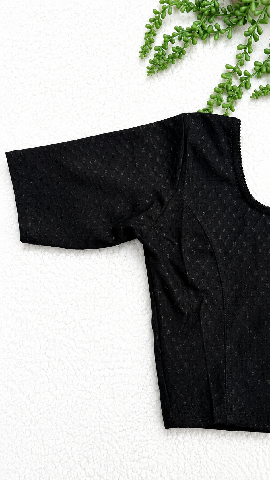 Black Stretchable Saree Blouse with Dobby Weave & Elbow Sleeves | Ready-to-Wear