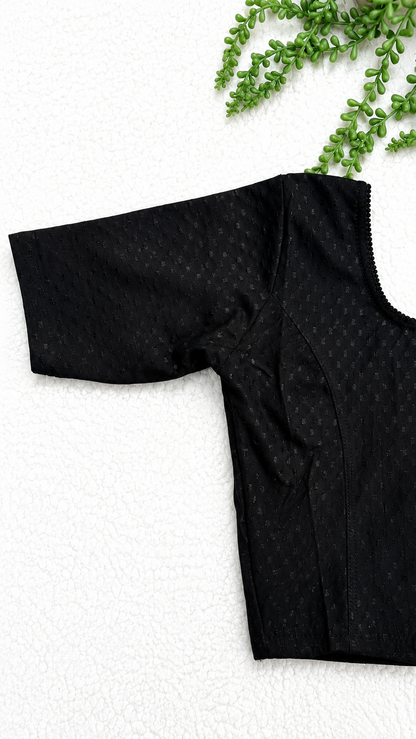 Black Stretchable Saree Blouse with Dobby Weave & Elbow Sleeves | Ready-to-Wear