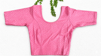 Baby Pink Stretchable Saree Blouse with Dobby Weave & Elbow Sleeves | Ready-to-Wear