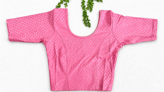 Baby Pink Stretchable Saree Blouse with Dobby Weave & Elbow Sleeves | Ready-to-Wear