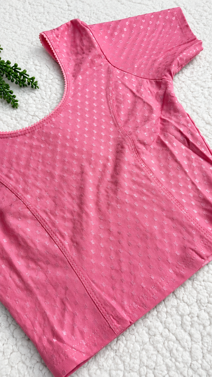 Baby Pink Stretchable Saree Blouse with Dobby Weave & Elbow Sleeves | Ready-to-Wear