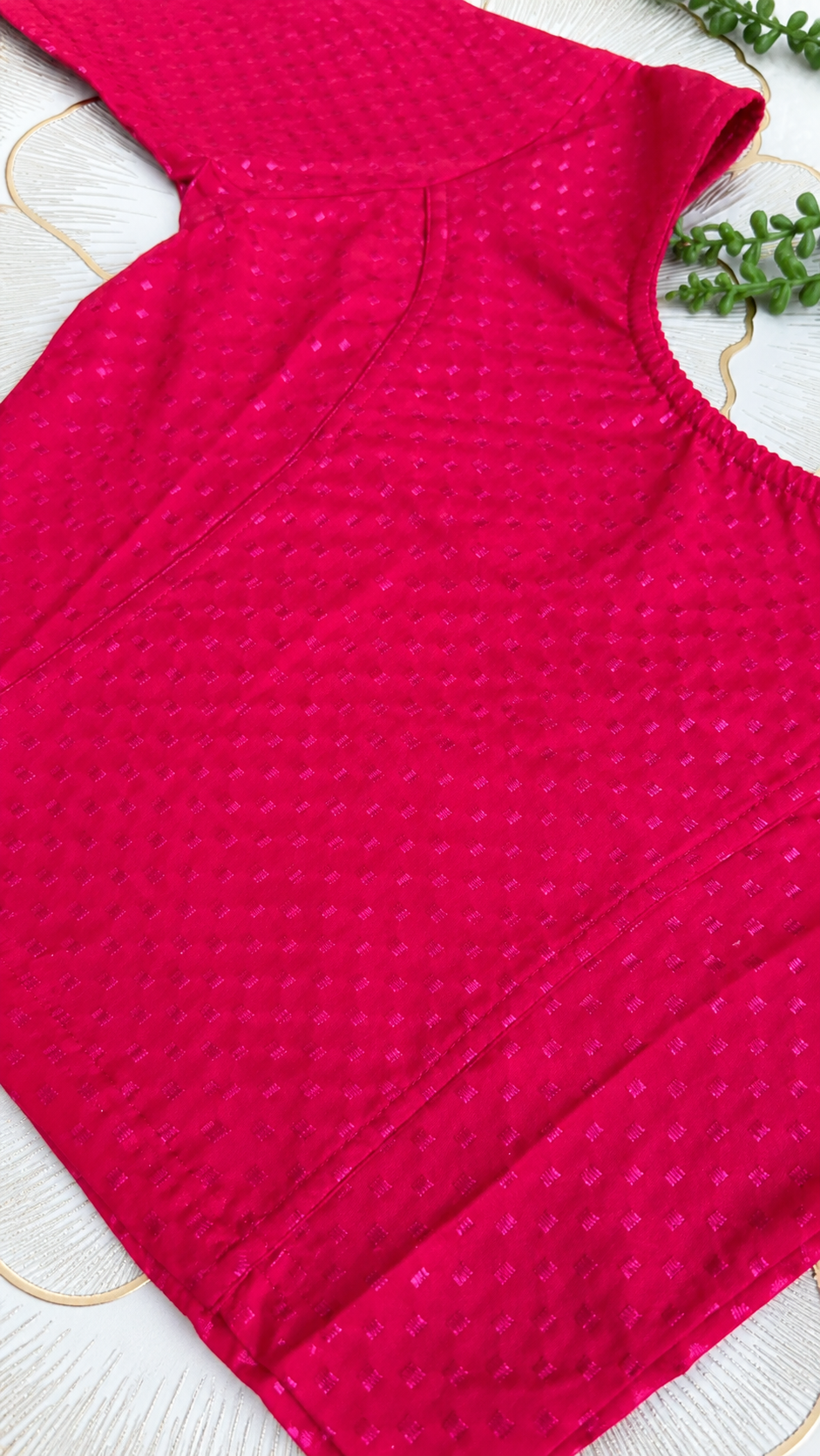 Dark Pink Stretchable Saree Blouse with Dobby Weave & Elbow Sleeves | Ready-to-Wear