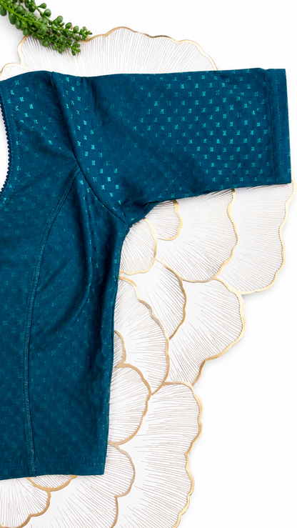 Teal Blue Stretchable Saree Blouse with Dobby Weave & Elbow Sleeves | Ready-to-Wear