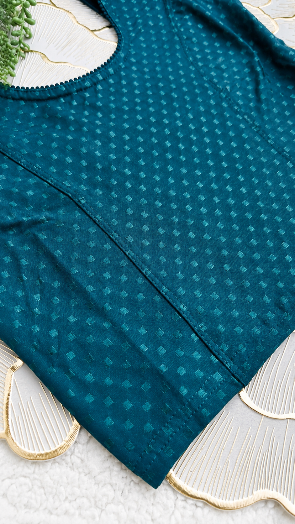 Teal Blue Stretchable Saree Blouse with Dobby Weave & Elbow Sleeves | Ready-to-Wear