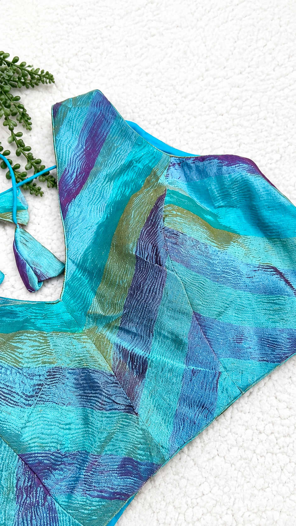 Blue Multicolour Tissue Fabric Halter Blouse | Sleeveless with Tie-Back | Free Size