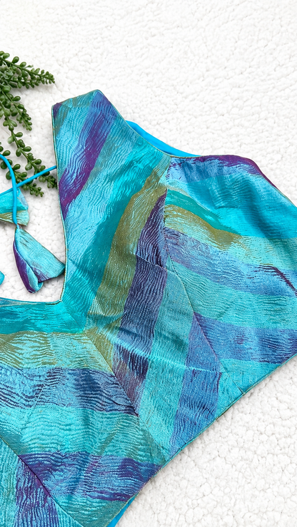 Blue Multicolour Tissue Fabric Halter Blouse | Sleeveless with Tie-Back | Free Size