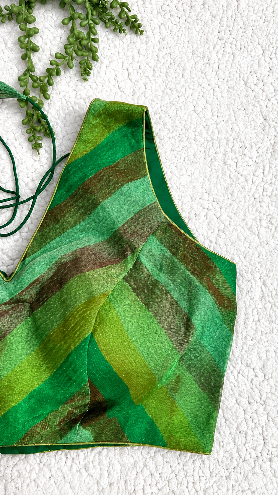 Green Multicolour Tissue Fabric Halter Blouse | Sleeveless with Tie-Back | Free Size