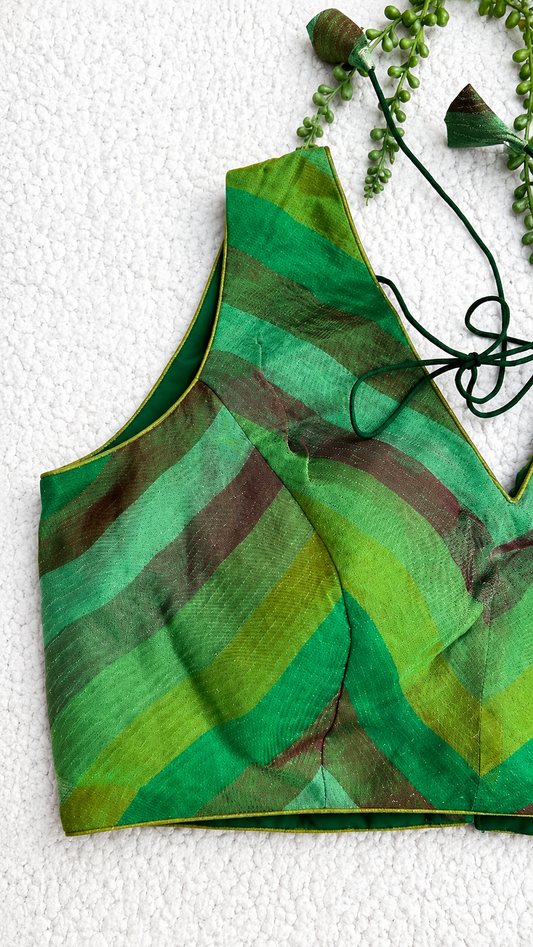 Green Multicolour Tissue Fabric Halter Blouse | Sleeveless with Tie-Back | Free Size