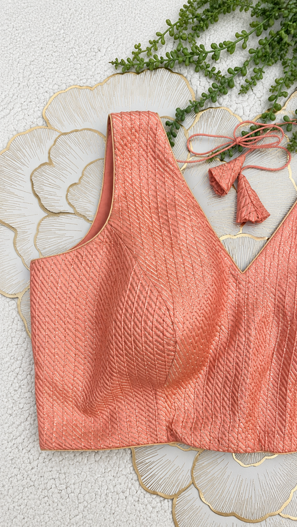 Peach Brocade Sleeveless Blouse with Diagonal Gold Stripes | Free Size