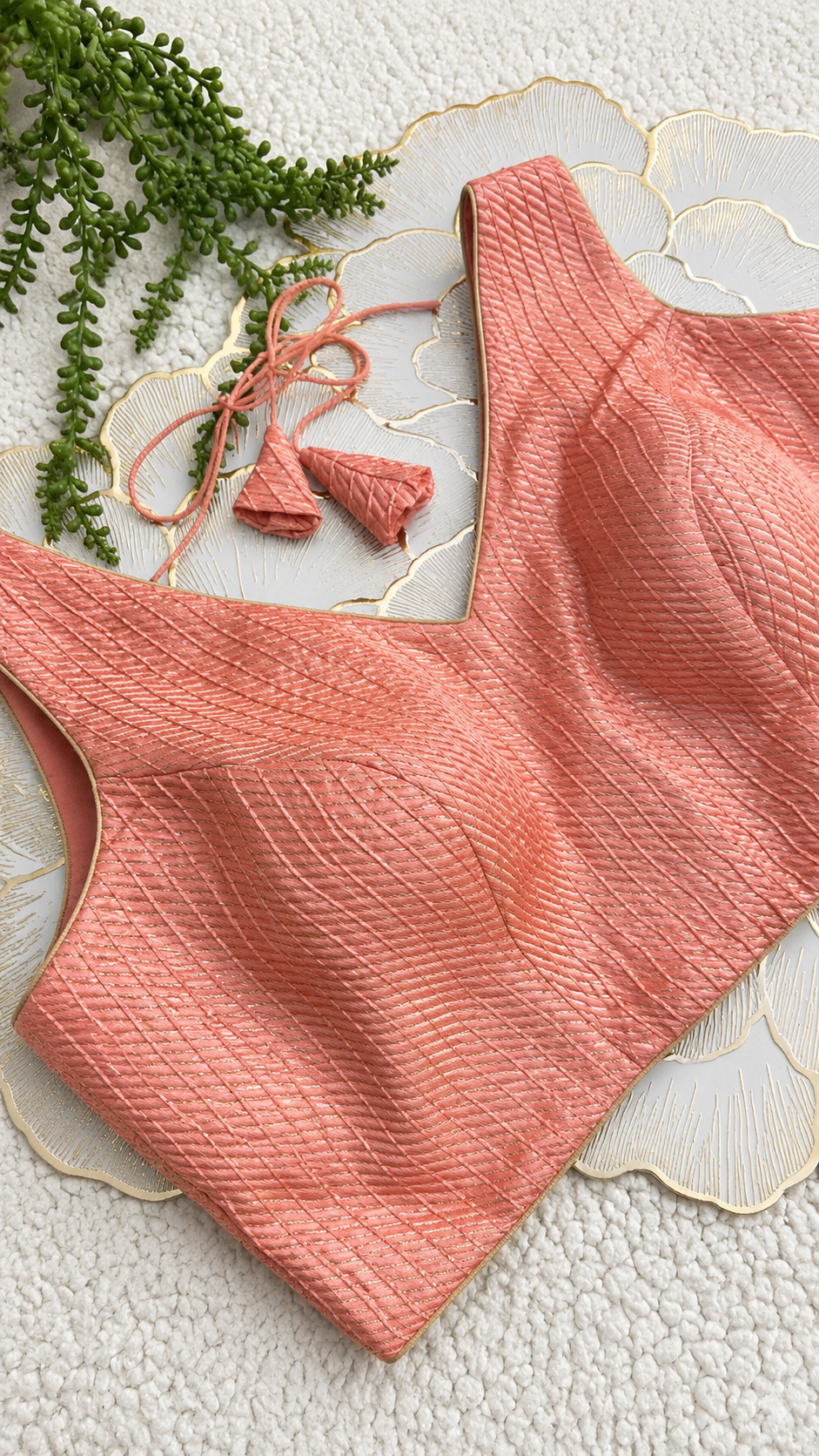 Peach Brocade Sleeveless Blouse with Diagonal Gold Stripes | Free Size