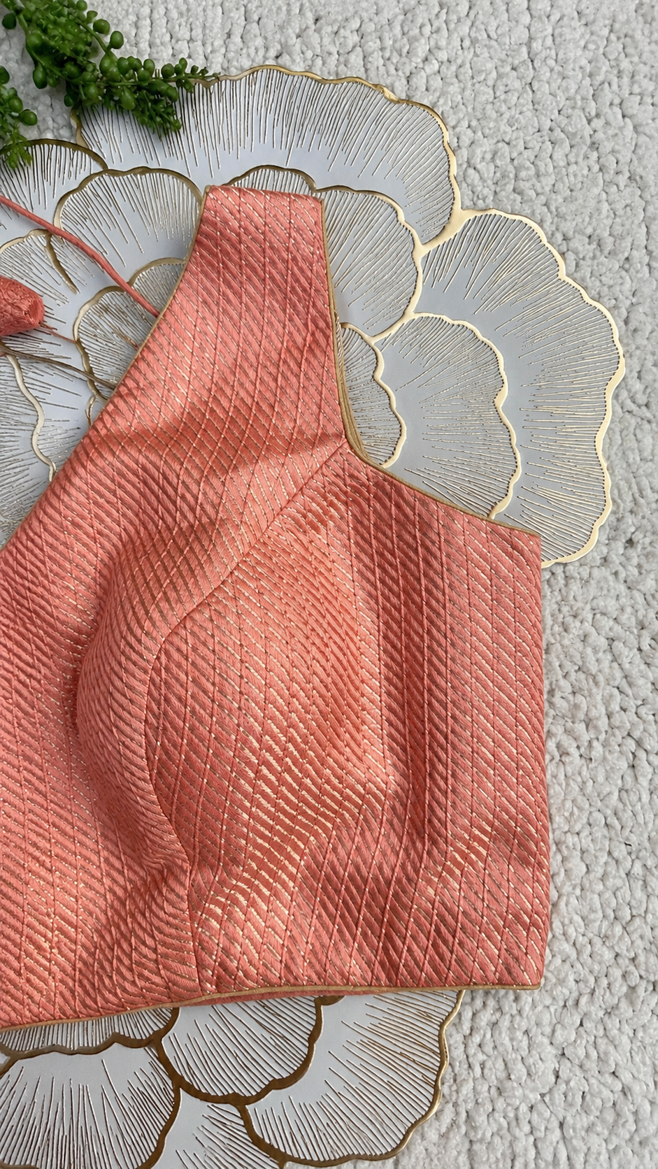 Peach Brocade Sleeveless Blouse with Diagonal Gold Stripes | Free Size