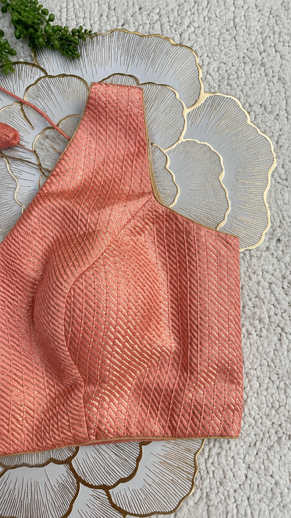 Peach Brocade Sleeveless Blouse with Diagonal Gold Stripes | Free Size