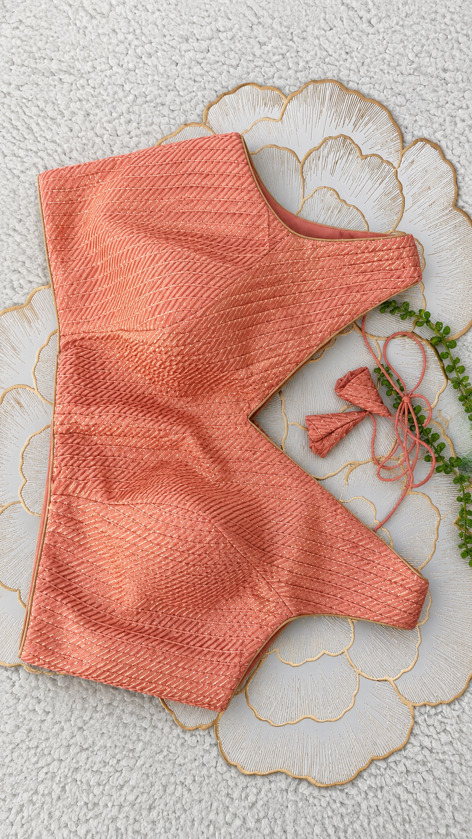 Peach Brocade Sleeveless Blouse with Diagonal Gold Stripes | Free Size