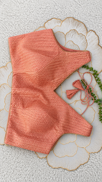 Peach Brocade Sleeveless Blouse with Diagonal Gold Stripes | Free Size
