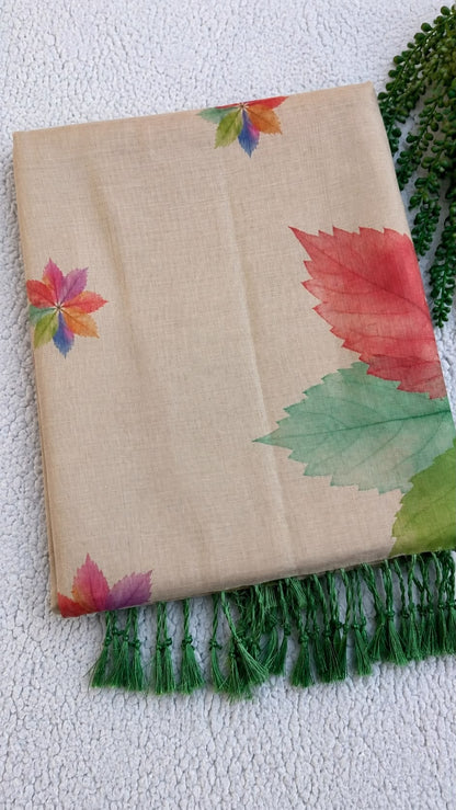 Linen Tissue Saree with Multicolour Leaf Print & Green Tassel Pallu